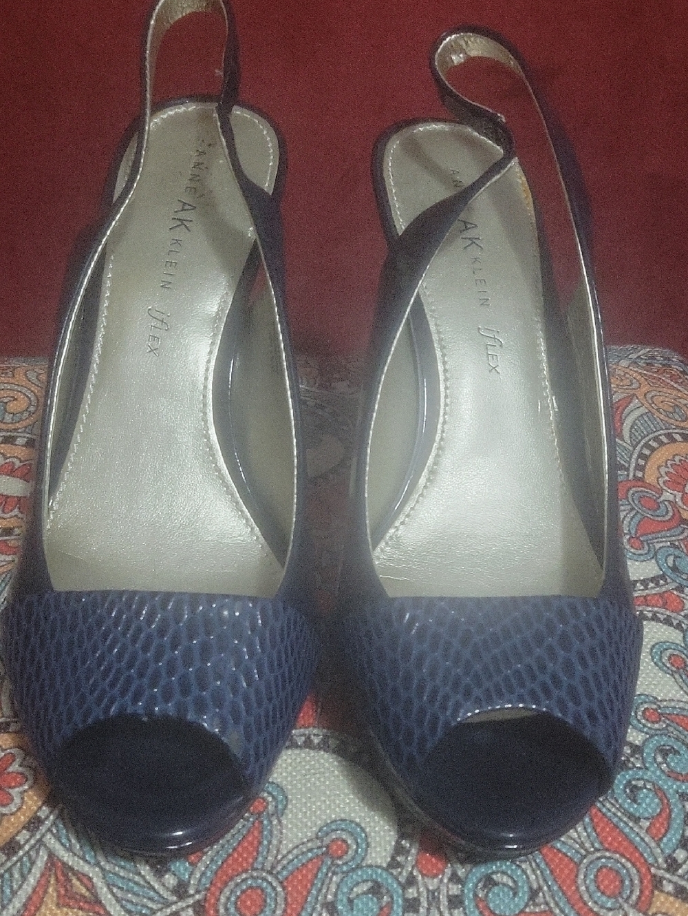 Anne Klein Navy Textured Peep-Toe Slingback Heels
